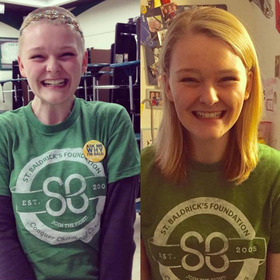 West alum, Lauren Crowe, before and after shaving her head for Saint Baldricks. 