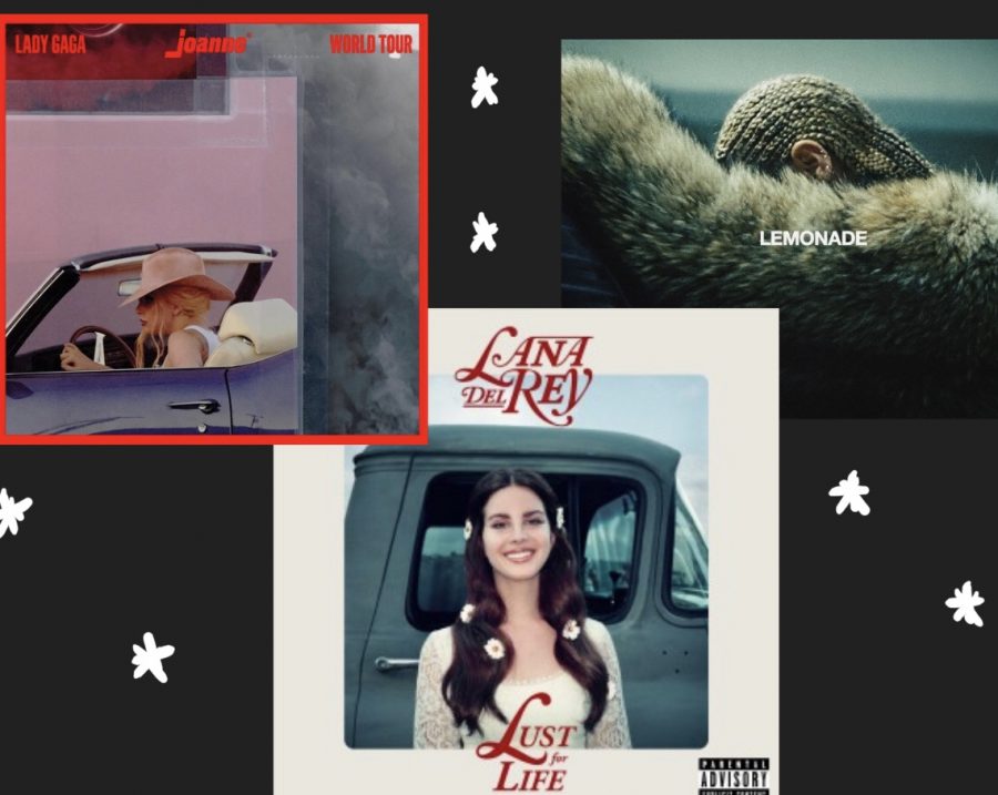 Pictured from left to right: Lady Gaga's Joanne Album, Lana Del Rey's Lust for Life Album, and Beyoncé's Lemonade Album. Album photo courtesy to ladygaga.com, lanadelrey.com, and beyonce.com respectively from left to right. 
