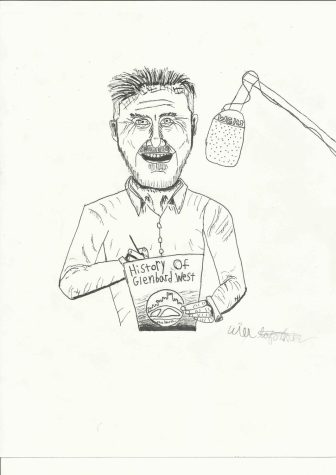 Cartoon of Mr. Wiersum writing the Centennial and jockeying on the Radio. Drawn by Will Lafontaine.