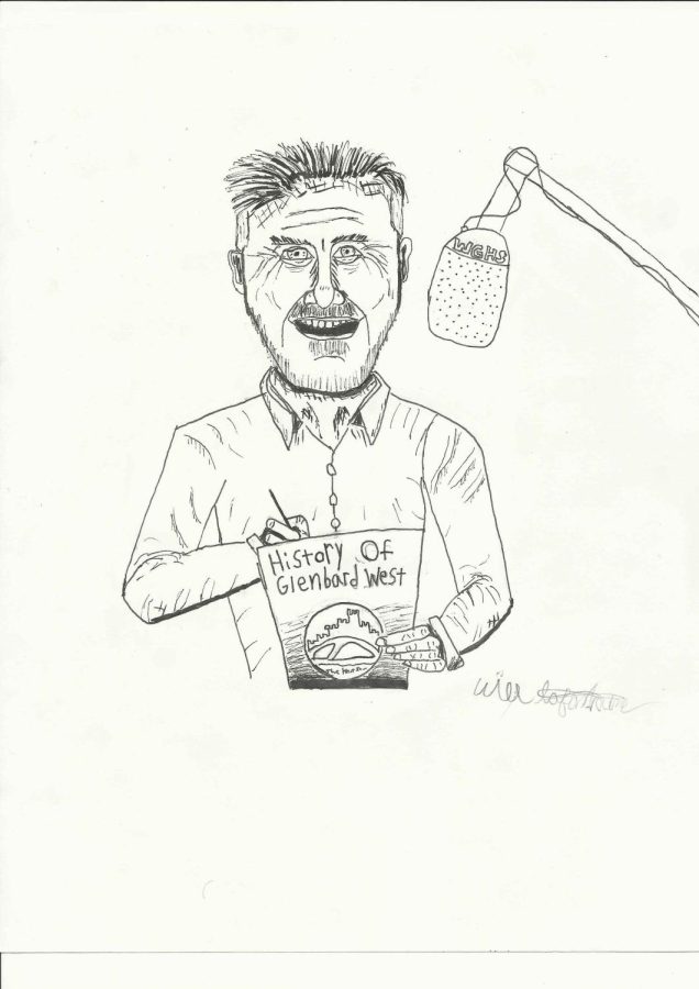 Cartoon+of+Mr.+Wiersum+writing+the+Centennial+and+jockeying+on+the+Radio.+Drawn+by+Will+Lafontaine.