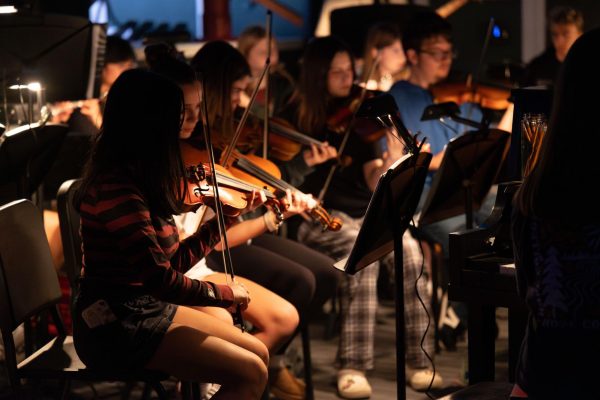 The violin section plays their music in The Addams Family overture. The featured students represent only part of the 20 total musicians who were involved in the show’s pit orchestra.