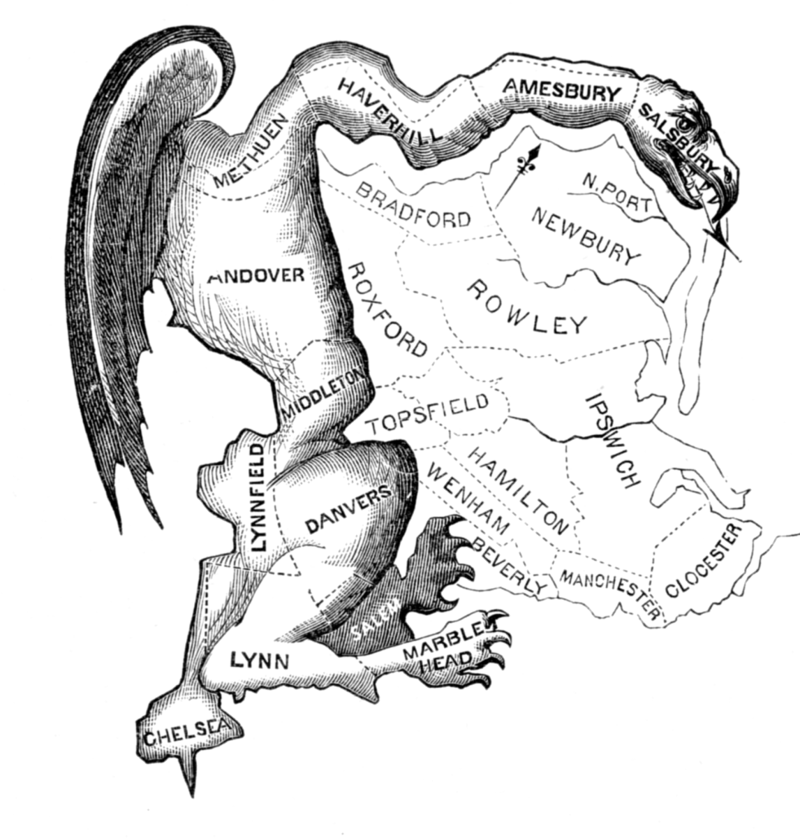 Political cartoon drawn in reaction to the newly drawn state senate election district of South Essex created by the Massachusetts legislature to favor the Democratic-Republican Party candidates of Governor Elbridge Gerry. Drawn in 1812 by Elkanah Tisdale.